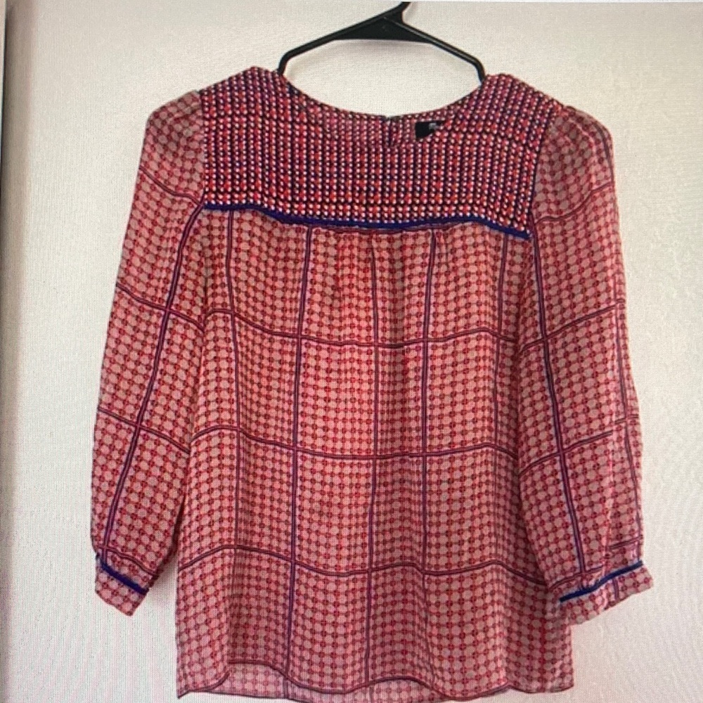 Madewell Pink Red Patterned Smocked Yoke Blouse with Blue Trim